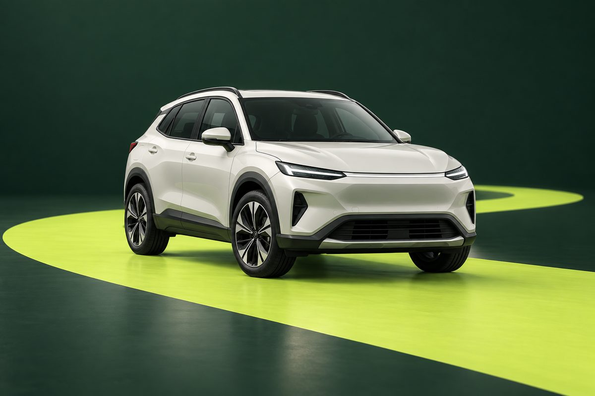 라임색 길 위에 서 있는 흰색 SUV